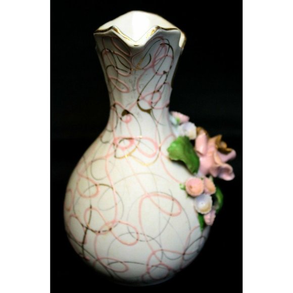 VTG Lefton China Pitcher Pink Rose Forget-Me-Nots Hand Painted Small Gold Swirls - Picture 4 of 8